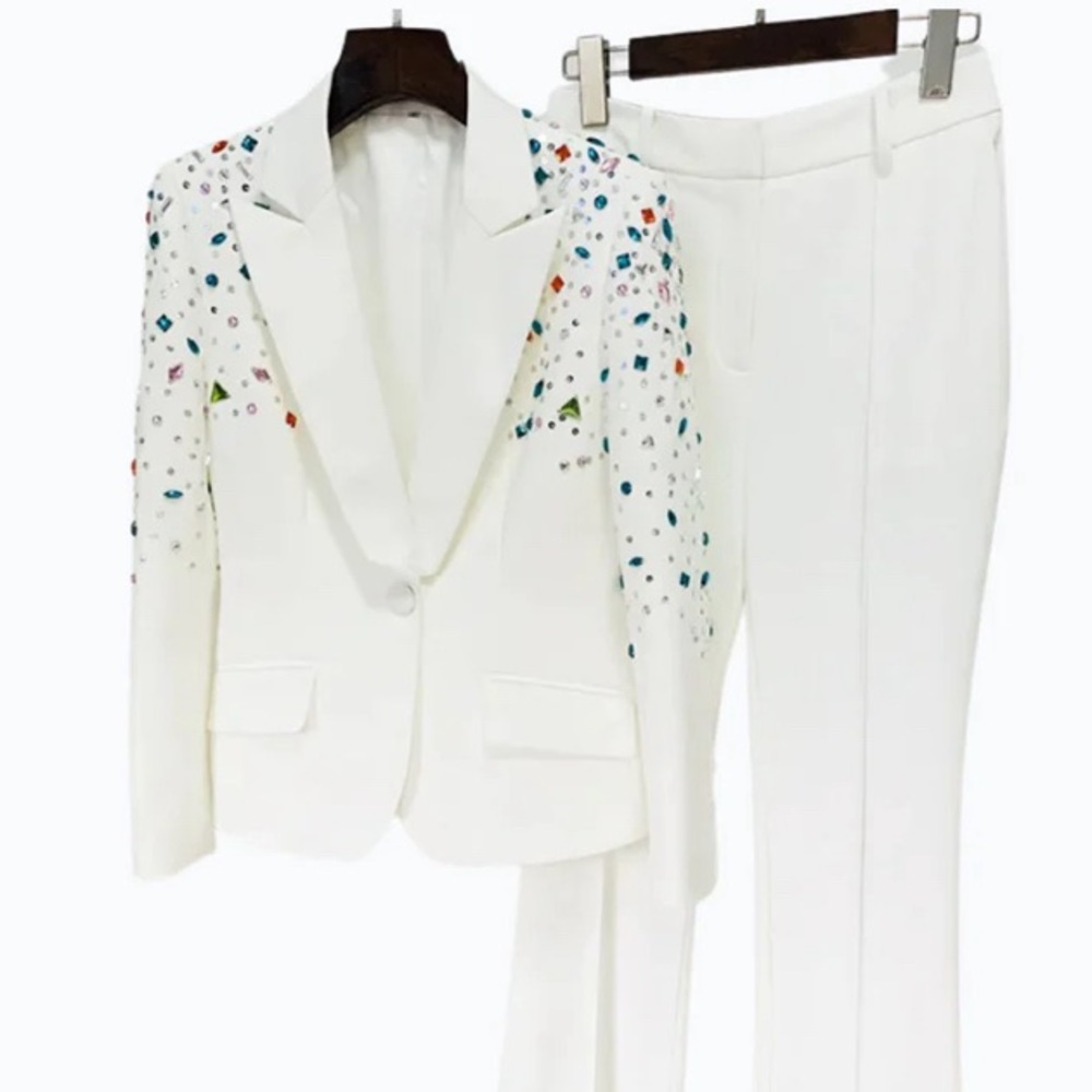 Embellished Sequin Pant Suit - Whitw